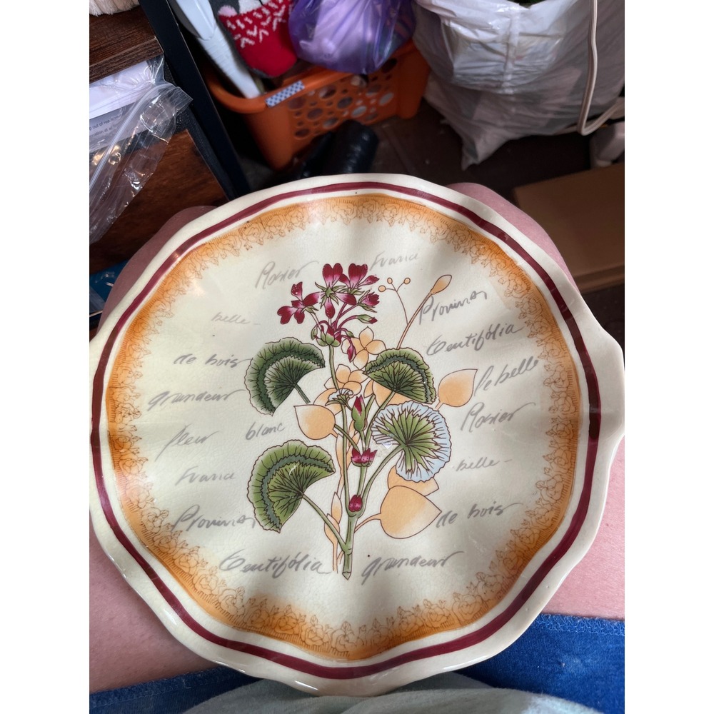 French Botanical Scalloped Decorative Plate Pink Floral Script‎ Cream 10 Inch